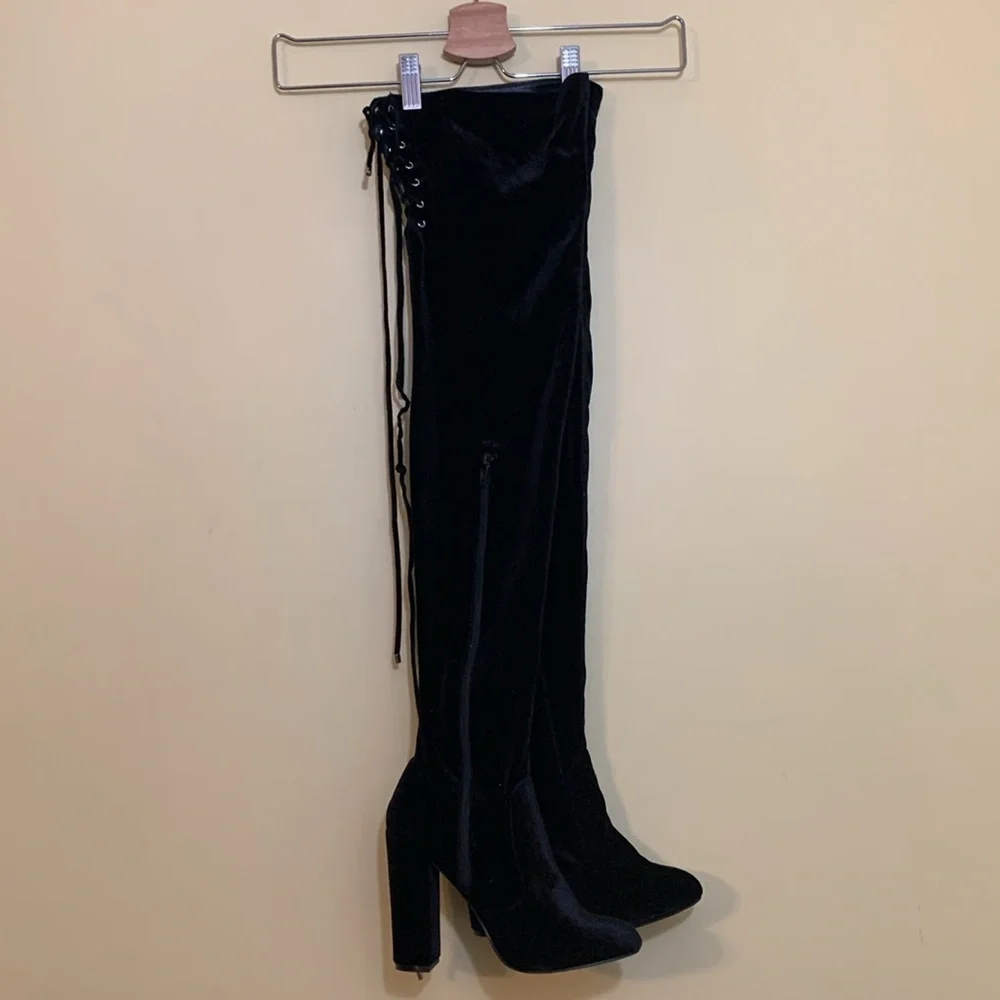 JustFab Thigh High Black Leona Lace Up Zipper Velvet Heeled Boots 5.5 US / 36 EU